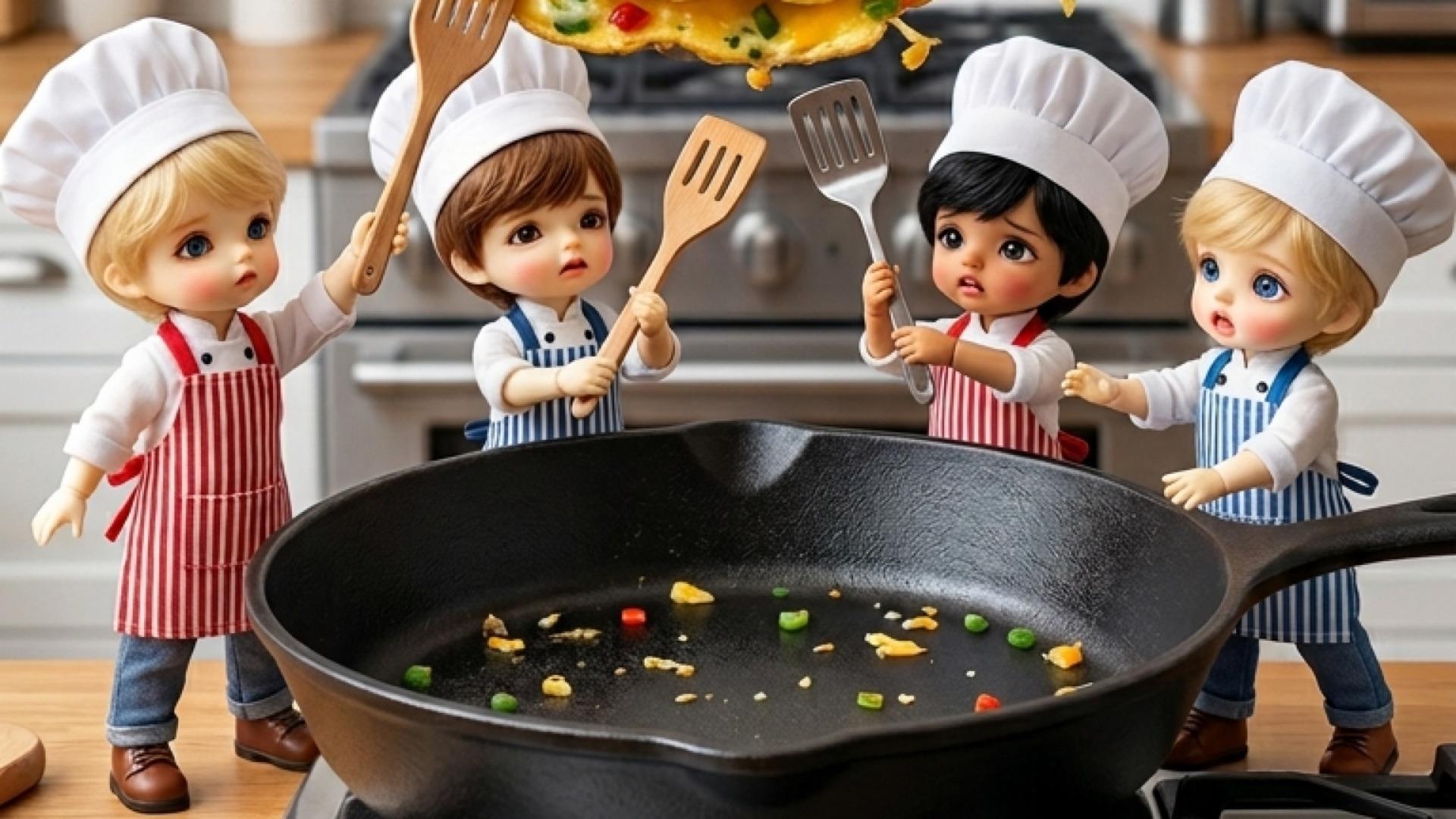 Giant Omelette vs. Tiny Chefs! 😱 Can they flip it? #shorts #msfoodie #cooking #foodhacks