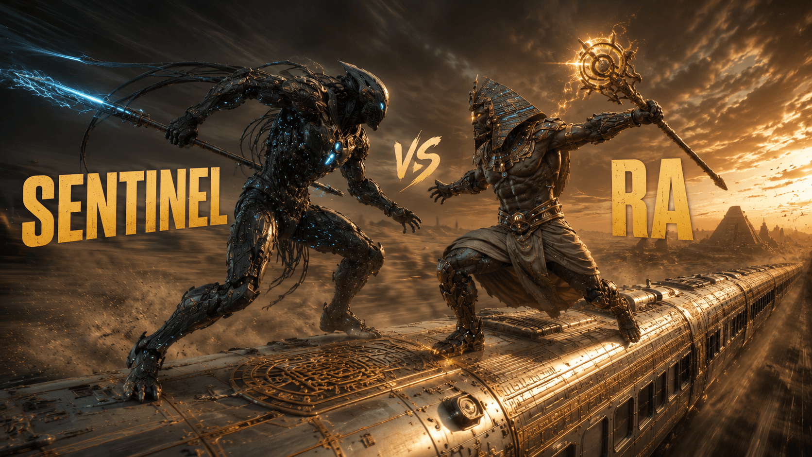 Ancient Cyber God RA vs Void Sentinel ⚡ Epic Train Battle | AI Cinematic Sci-Fi Short