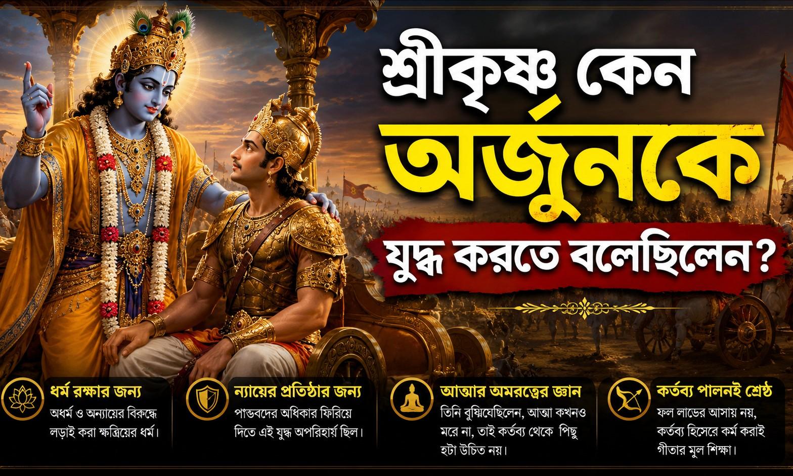 শ্রীকৃষ্ণ কেন অর্জুনকে যুদ্ধ করতে বলেছিলেন? – AI-generated video on AITube