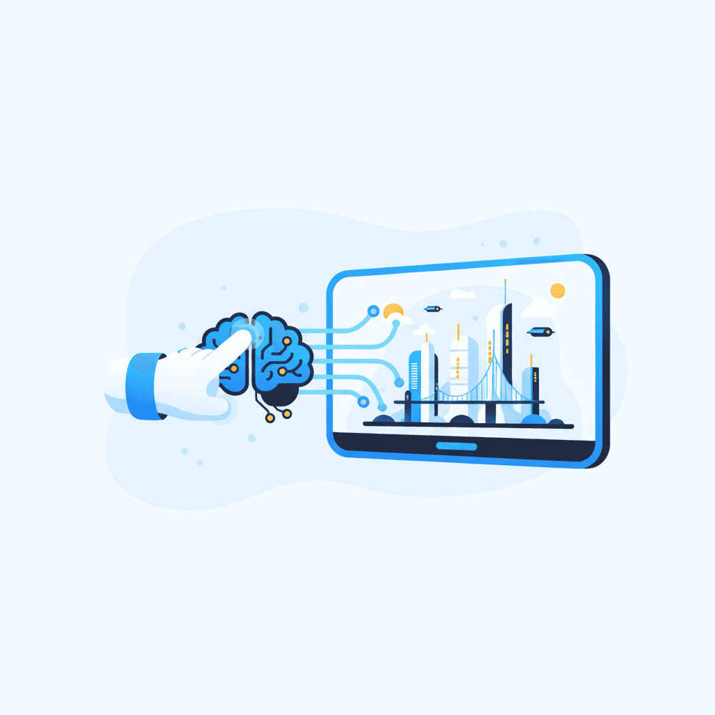 Futuristic abstract illustration of a human hand typing precise commands into a glowing AI brain interface, leading to a dynamic video screen displaying specific, high-quality AI-generated content like a futuristic city skyline, cinematic,